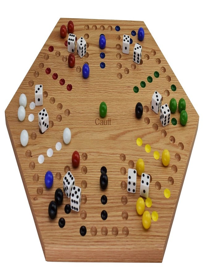 Cauff 20 Inch Solid Oak Double-Sided Marble/Wahoo Board Game with Hand-Finished and Hand-Painted Oak, Glass Marbles, Velvet Bag, 4 and 6 Player Sides - Premium Family Game - Image 2